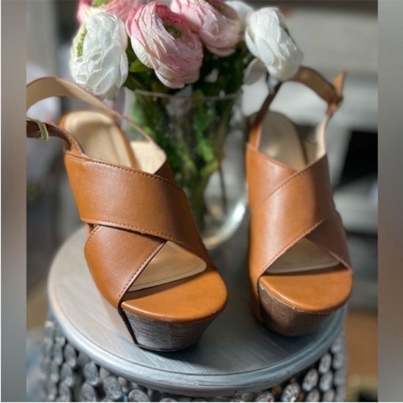 - “DAFF” COGNAC BAMBOO PLATFORM WEDGES OPEN TOE ANKLE STRAP WITH BUCKLE STRAPS 7 - Picture 4 of 9